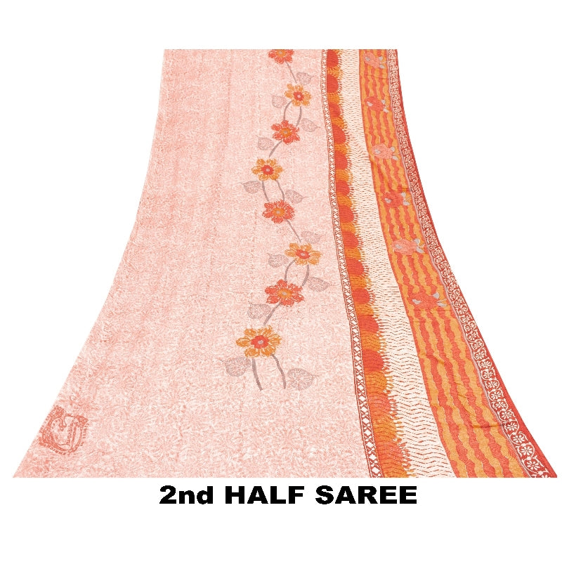 Sanskriti Vintage Sarees Red & Orange Pure Crepe Floral Print 5+YD Sari Quilts