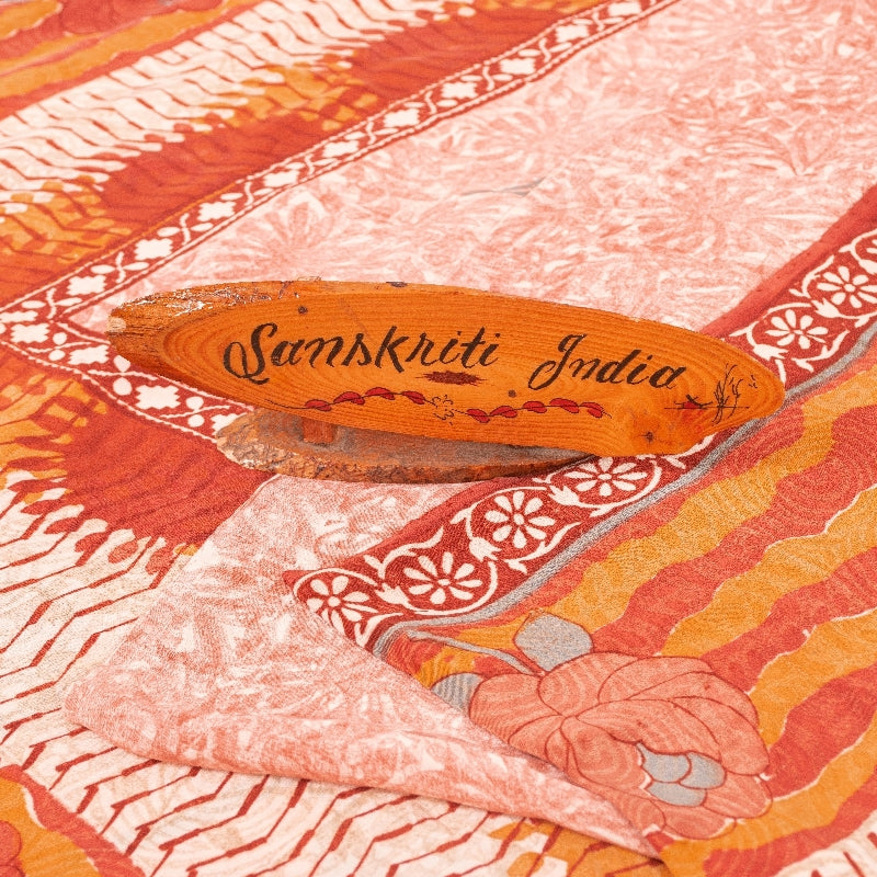Sanskriti Vintage Sarees Red & Orange Pure Crepe Floral Print 5+YD Sari Quilts