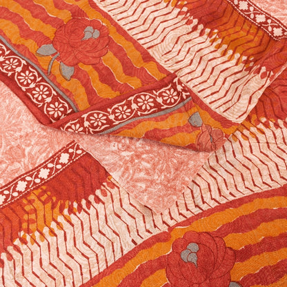 Sanskriti Vintage Sarees Red & Orange Pure Crepe Floral Print 5+YD Sari Quilts