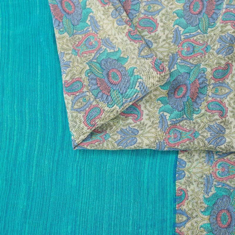 Sanskriti Vintage Sarees Ivory & Blue Pure Crepe Paisley Print 5+YD Indian Sari