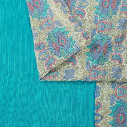 Sanskriti Vintage Sarees Ivory & Blue Pure Crepe Paisley Print 5+YD Indian Sari