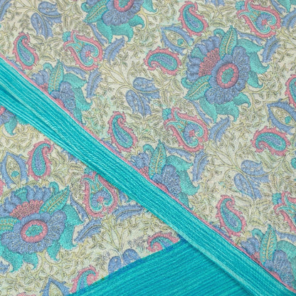 Sanskriti Vintage Sarees Ivory & Blue Pure Crepe Paisley Print 5+YD Indian Sari