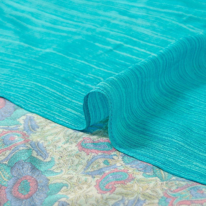 Sanskriti Vintage Sarees Ivory & Blue Pure Crepe Paisley Print 5+YD Indian Sari