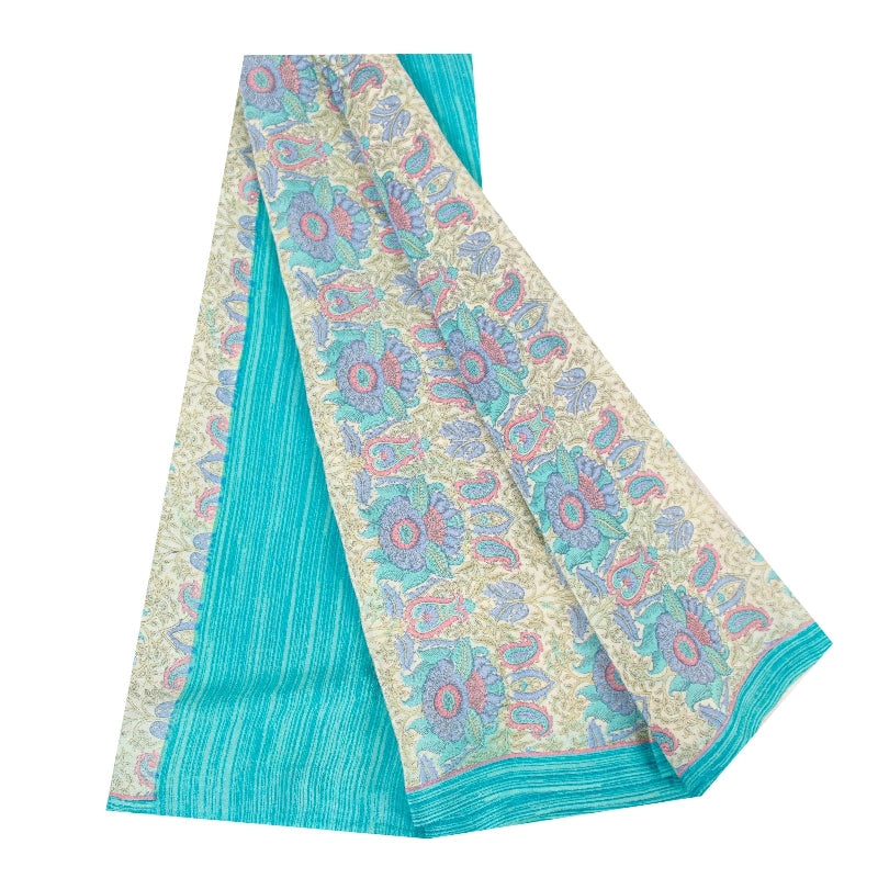 Sanskriti Vintage Sarees Ivory & Blue Pure Crepe Paisley Print 5+YD Indian Sari