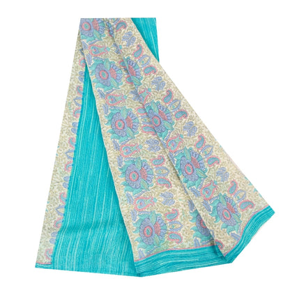 Sanskriti Vintage Sarees Ivory & Blue Pure Crepe Paisley Print 5+YD Indian Sari