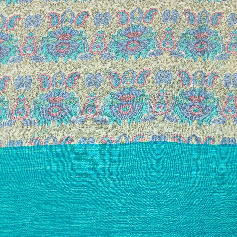 Sanskriti Vintage Sarees Ivory & Blue Pure Crepe Paisley Print 5+YD Indian Sari
