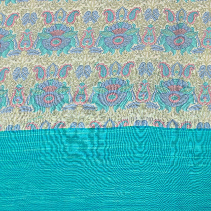 Sanskriti Vintage Sarees Ivory & Blue Pure Crepe Paisley Print 5+YD Indian Sari