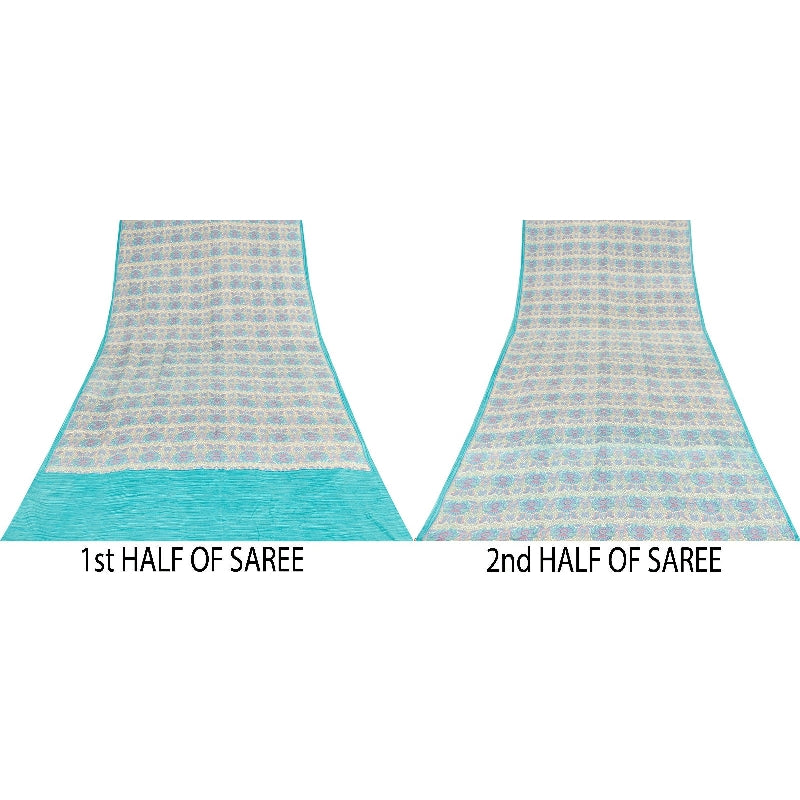 Sanskriti Vintage Sarees Ivory & Blue Pure Crepe Paisley Print 5+YD Indian Sari