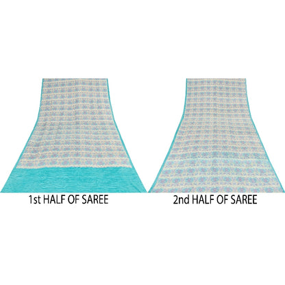 Sanskriti Vintage Sarees Ivory & Blue Pure Crepe Paisley Print 5+YD Indian Sari
