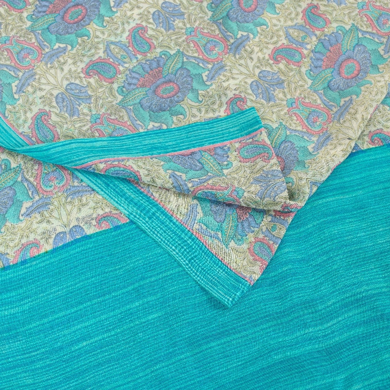 Sanskriti Vintage Sarees Ivory & Blue Pure Crepe Paisley Print 5+YD Indian Sari