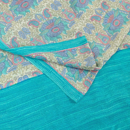 Sanskriti Vintage Sarees Ivory & Blue Pure Crepe Paisley Print 5+YD Indian Sari
