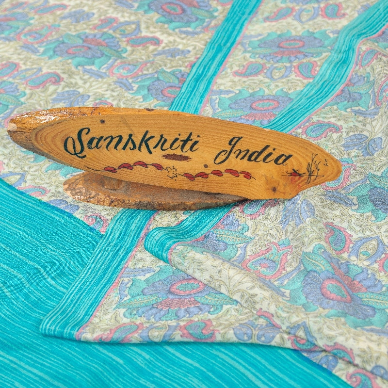 Sanskriti Vintage Sarees Ivory & Blue Pure Crepe Paisley Print 5+YD Indian Sari