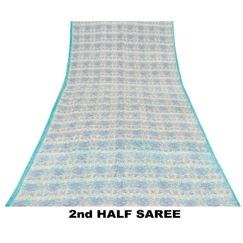 Sanskriti Vintage Sarees Ivory & Blue Pure Crepe Paisley Print 5+YD Indian Sari