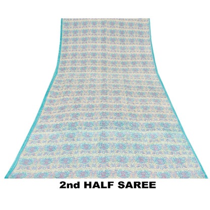 Sanskriti Vintage Sarees Ivory & Blue Pure Crepe Paisley Print 5+YD Indian Sari