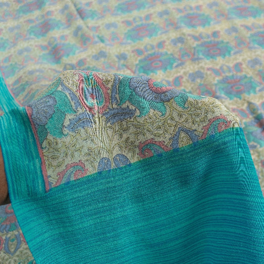 Sanskriti Vintage Sarees Ivory & Blue Pure Crepe Paisley Print 5+YD Indian Sari
