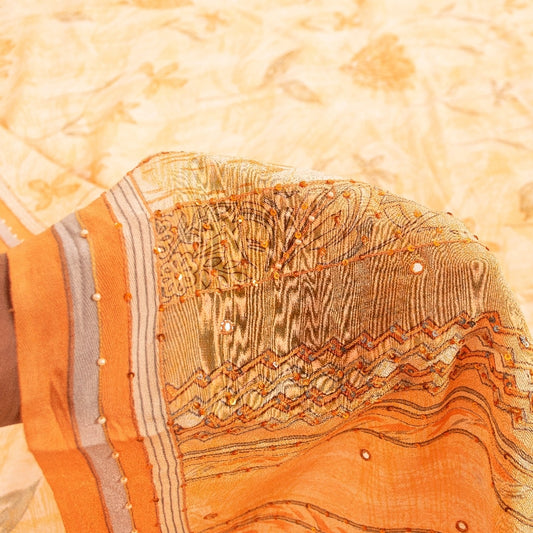 Sanskriti Vintage Sarees Cream Hand Beaded 100%Pure Crepe Floral Print 5+YD Sari