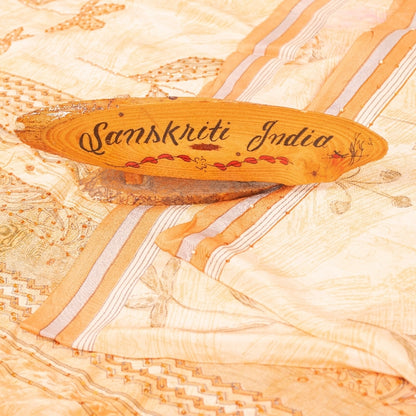 Sanskriti Vintage Sarees Cream Hand Beaded 100%Pure Crepe Floral Print 5+YD Sari