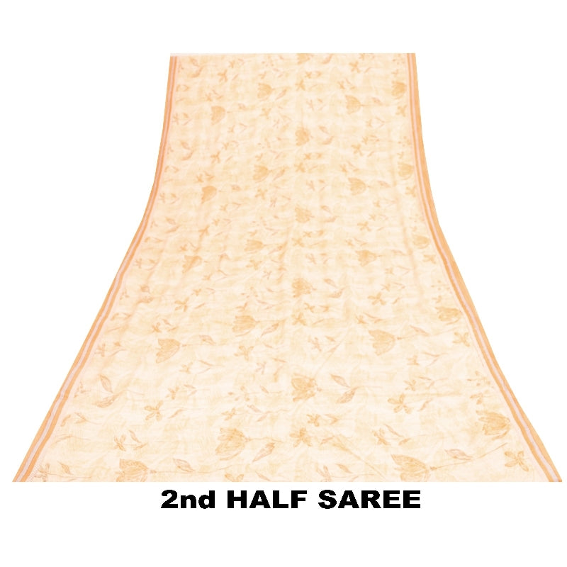Sanskriti Vintage Sarees Cream Hand Beaded 100%Pure Crepe Floral Print 5+YD Sari