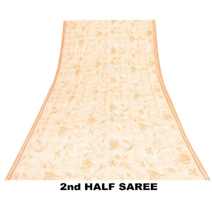 Sanskriti Vintage Sarees Cream Hand Beaded 100%Pure Crepe Floral Print 5+YD Sari