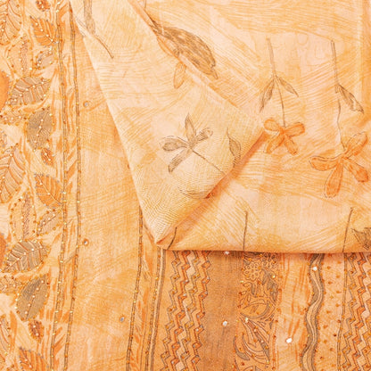 Sanskriti Vintage Sarees Cream Hand Beaded 100%Pure Crepe Floral Print 5+YD Sari