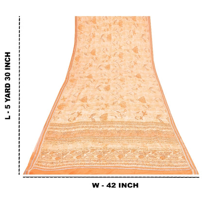 Sanskriti Vintage Sarees Cream Hand Beaded 100%Pure Crepe Floral Print 5+YD Sari