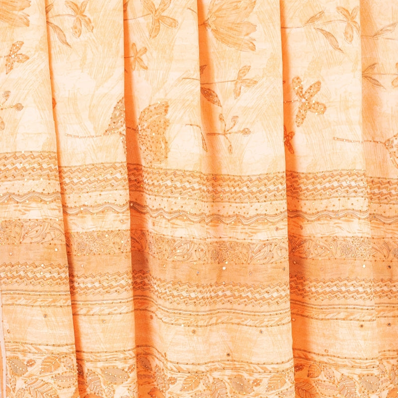 Sanskriti Vintage Sarees Cream Hand Beaded 100%Pure Crepe Floral Print 5+YD Sari