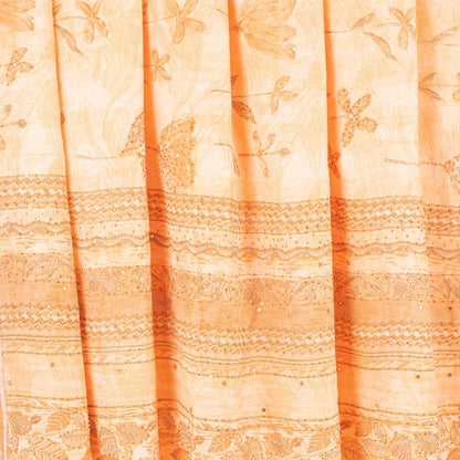 Sanskriti Vintage Sarees Cream Hand Beaded 100%Pure Crepe Floral Print 5+YD Sari