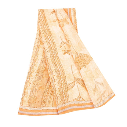 Sanskriti Vintage Sarees Cream Hand Beaded 100%Pure Crepe Floral Print 5+YD Sari
