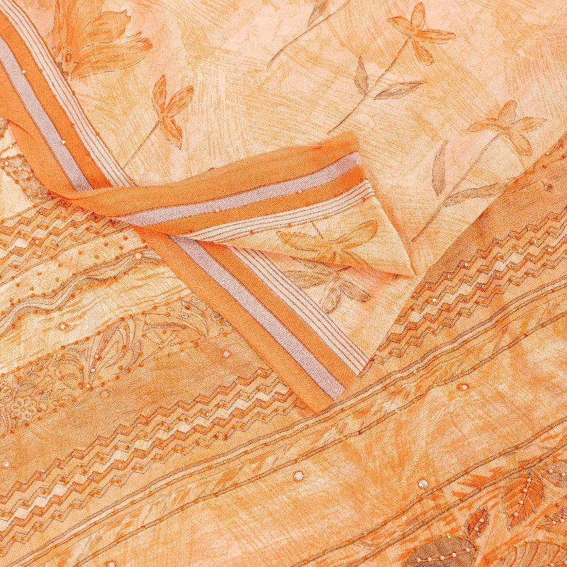Sanskriti Vintage Sarees Cream Hand Beaded 100%Pure Crepe Floral Print 5+YD Sari