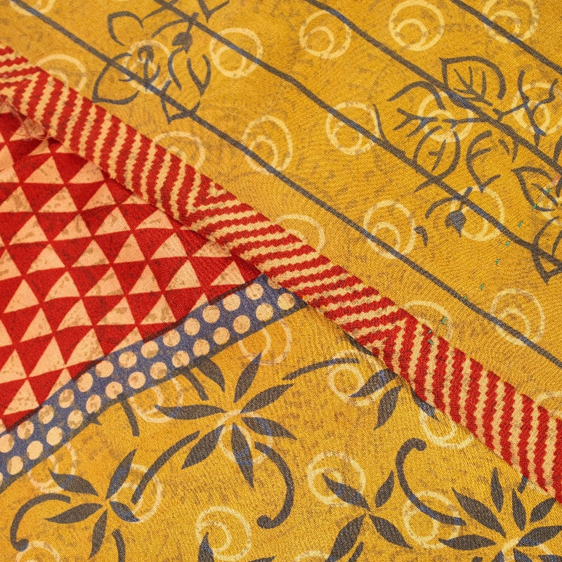 Sanskriti Vintage Sarees Yellow Pure Crepe Floral Print 5+YD Sari Recycle Fabric