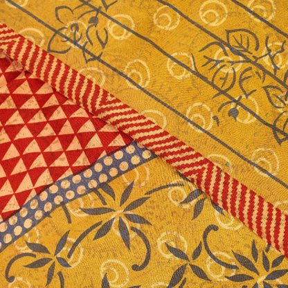 Sanskriti Vintage Sarees Yellow Pure Crepe Floral Print 5+YD Sari Recycle Fabric