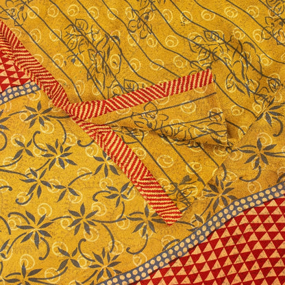 Sanskriti Vintage Sarees Yellow Pure Crepe Floral Print 5+YD Sari Recycle Fabric