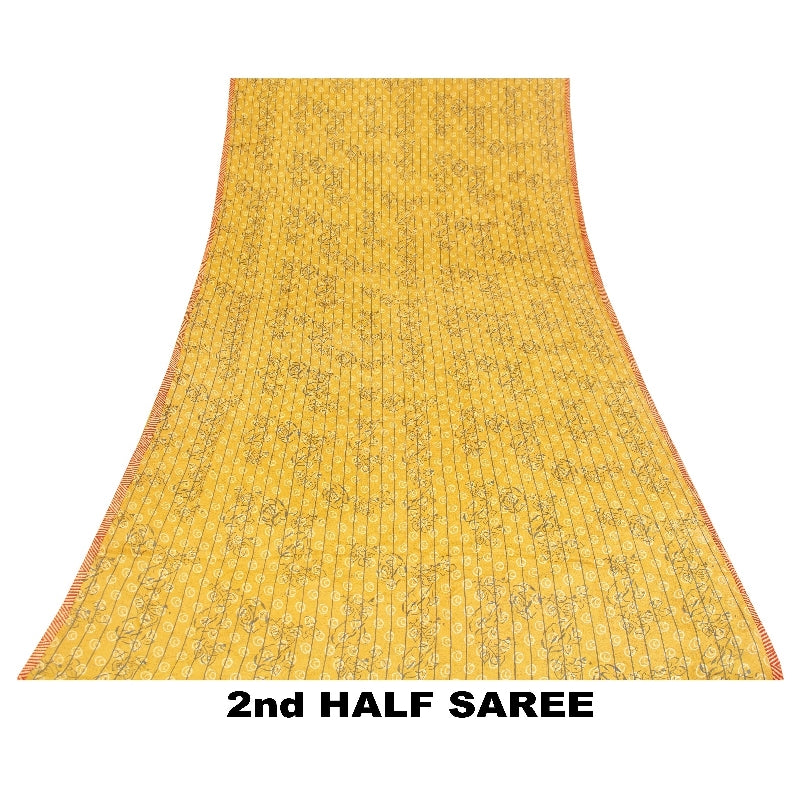 Sanskriti Vintage Sarees Yellow Pure Crepe Floral Print 5+YD Sari Recycle Fabric