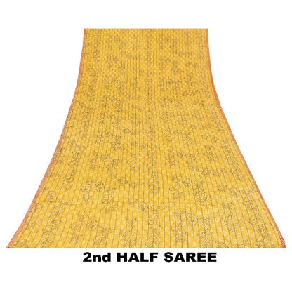 Sanskriti Vintage Sarees Yellow Pure Crepe Floral Print 5+YD Sari Recycle Fabric