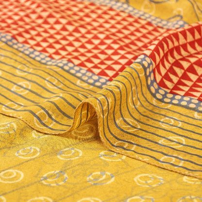 Sanskriti Vintage Sarees Yellow Pure Crepe Floral Print 5+YD Sari Recycle Fabric