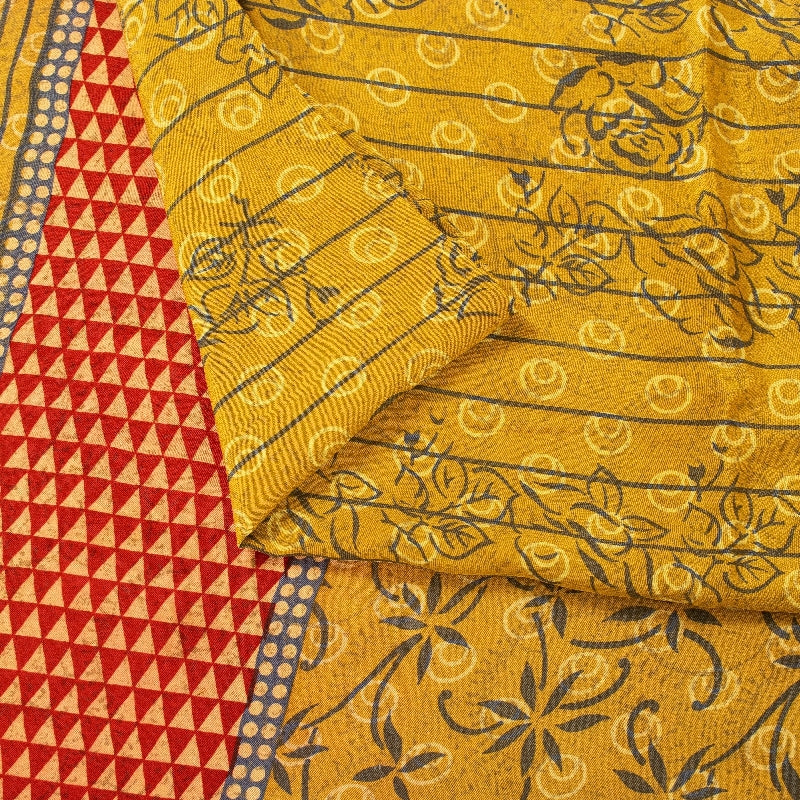 Sanskriti Vintage Sarees Yellow Pure Crepe Floral Print 5+YD Sari Recycle Fabric