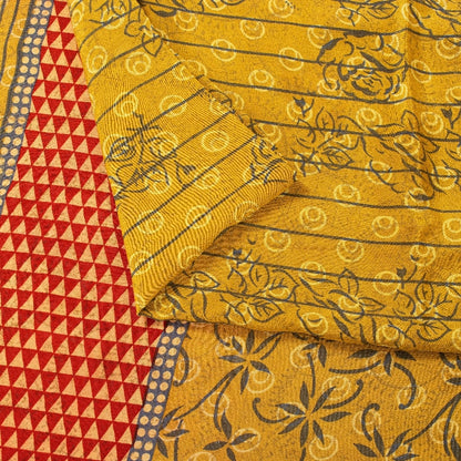 Sanskriti Vintage Sarees Yellow Pure Crepe Floral Print 5+YD Sari Recycle Fabric