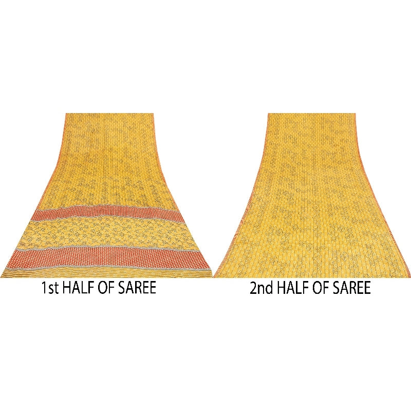 Sanskriti Vintage Sarees Yellow Pure Crepe Floral Print 5+YD Sari Recycle Fabric