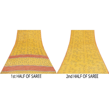Sanskriti Vintage Sarees Yellow Pure Crepe Floral Print 5+YD Sari Recycle Fabric