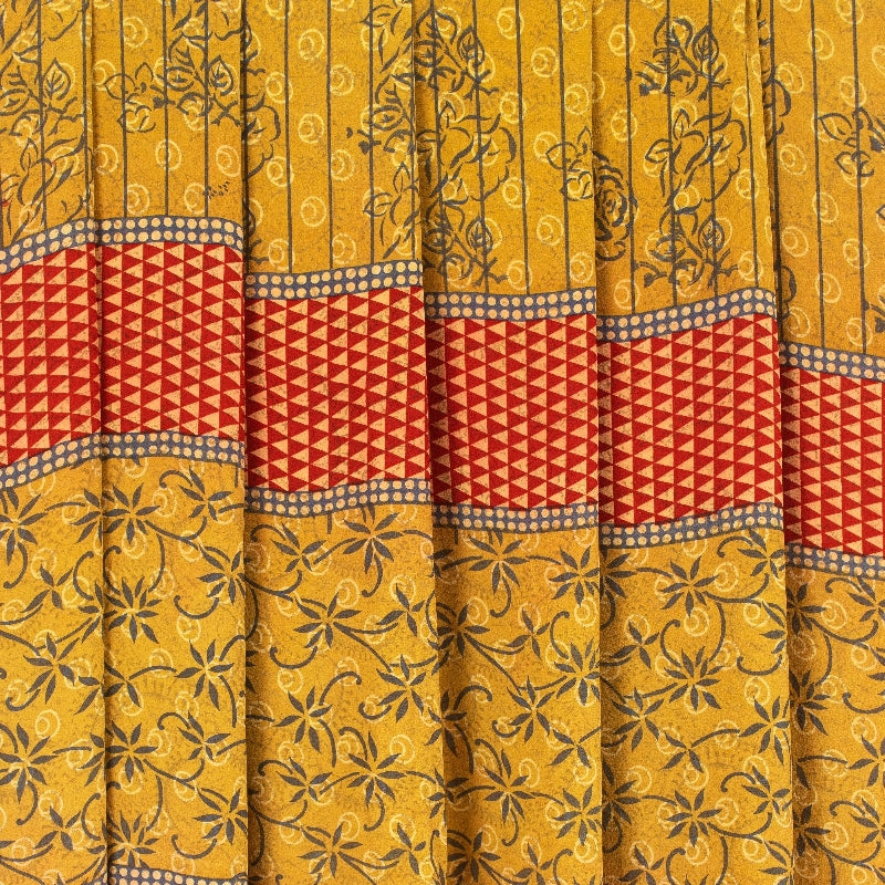 Sanskriti Vintage Sarees Yellow Pure Crepe Floral Print 5+YD Sari Recycle Fabric