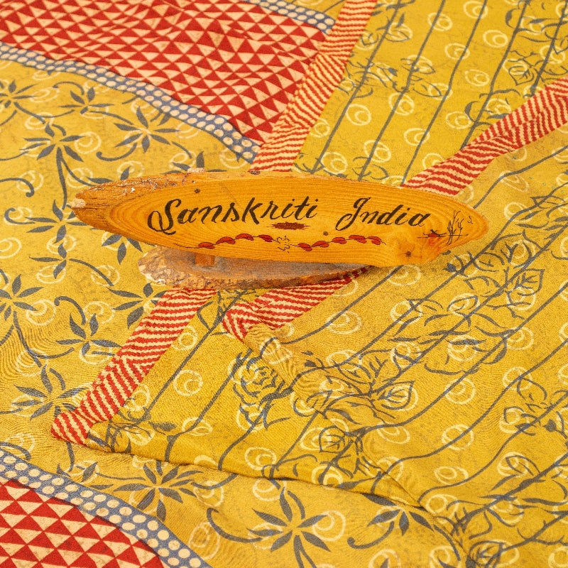Sanskriti Vintage Sarees Yellow Pure Crepe Floral Print 5+YD Sari Recycle Fabric