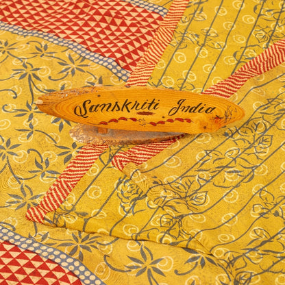 Sanskriti Vintage Sarees Yellow Pure Crepe Floral Print 5+YD Sari Recycle Fabric