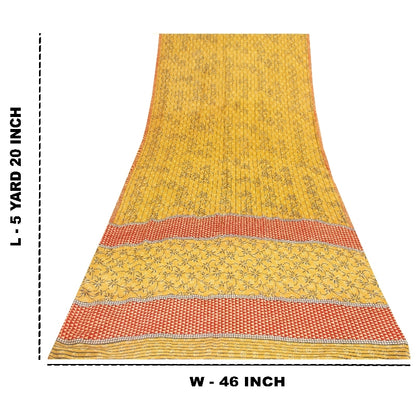 Sanskriti Vintage Sarees Yellow Pure Crepe Floral Print 5+YD Sari Recycle Fabric