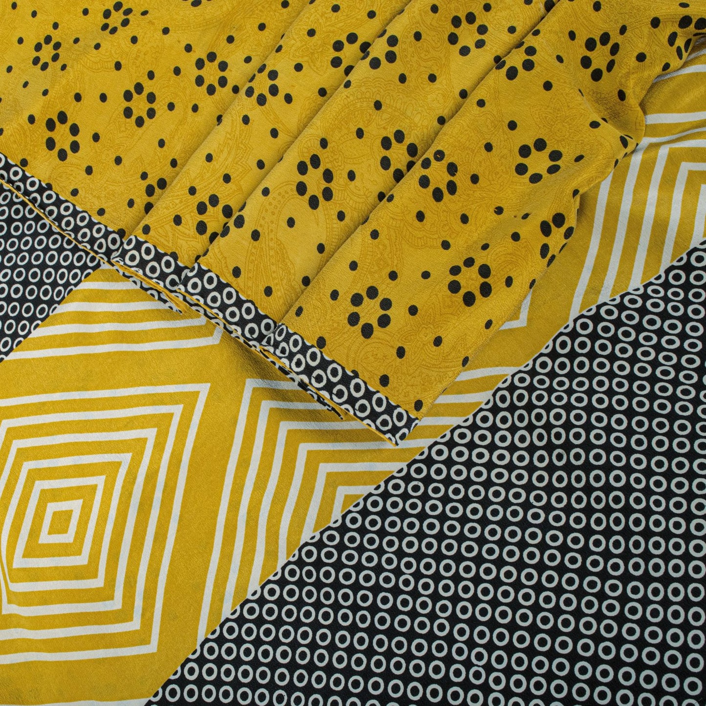 Sanskriti Vintage Saree Yellow Pure Crepe Geometric Printed Sari 5+Yard Fabric