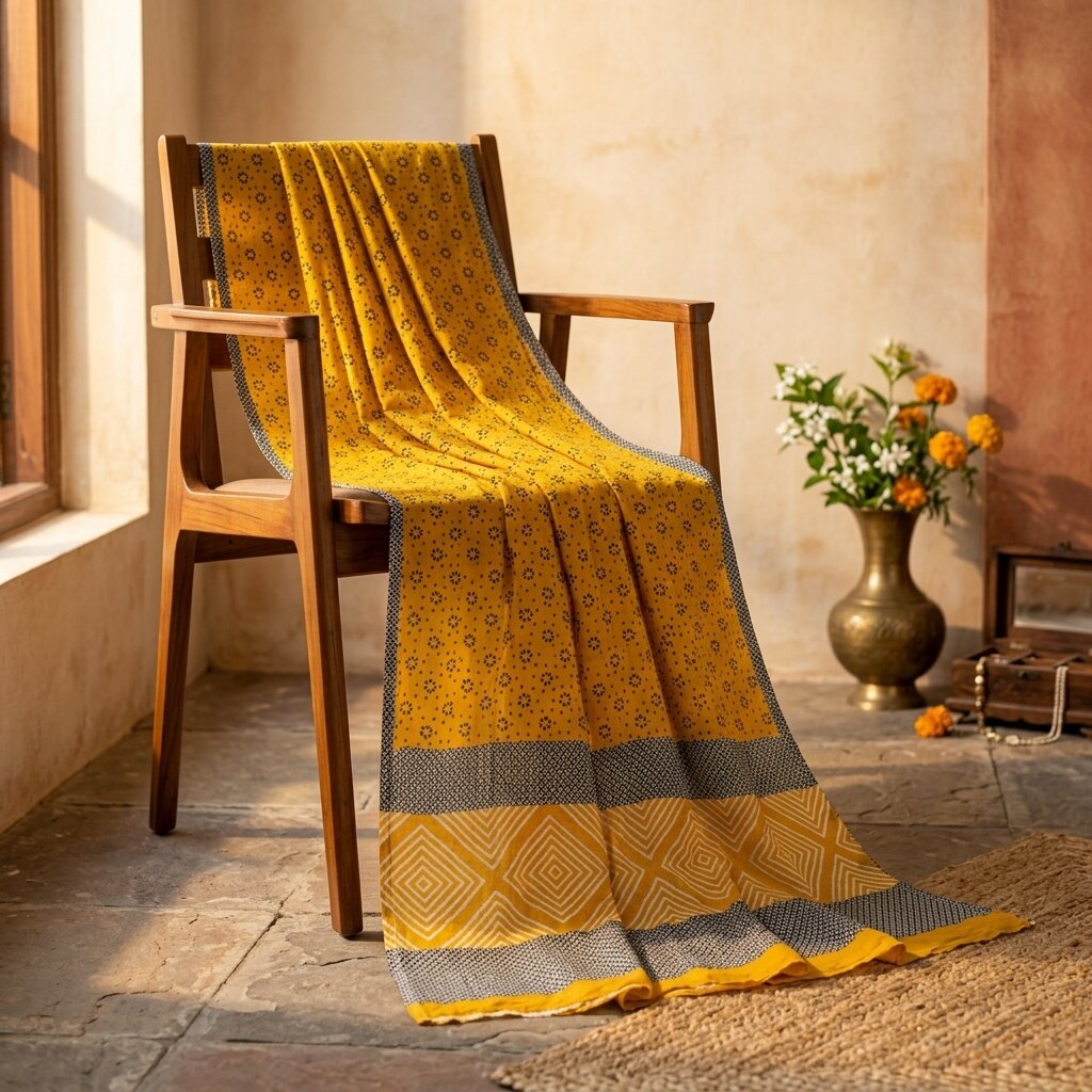 Sanskriti Vintage Saree Yellow Pure Crepe Geometric Printed Sari 5+Yard Fabric