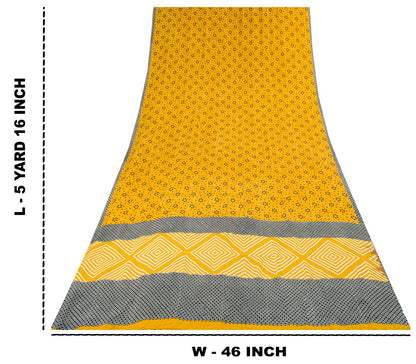 Sanskriti Vintage Saree Yellow Pure Crepe Geometric Printed Sari 5+Yard Fabric