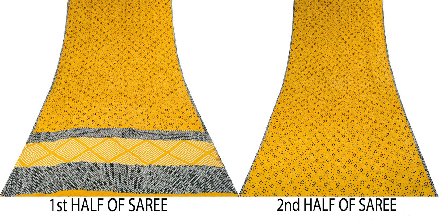 Sanskriti Vintage Saree Yellow Pure Crepe Geometric Printed Sari 5+Yard Fabric