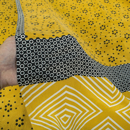 Sanskriti Vintage Saree Yellow Pure Crepe Geometric Printed Sari 5+Yard Fabric