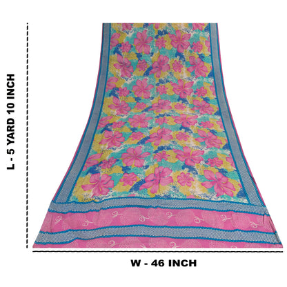 Sanskriti Vintage Sarees Multi Pure Crepe Floral Print 5+YD Indian Textile Sari