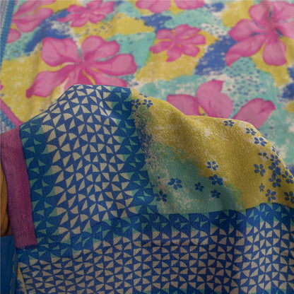 Sanskriti Vintage Sarees Multi Pure Crepe Floral Print 5+YD Indian Textile Sari